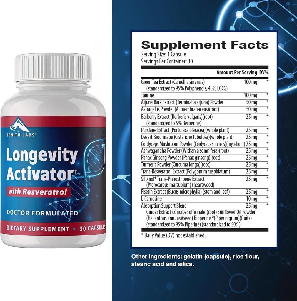 Zenith Labs Longevity Activator Anti-Aging תוספת תזונה, נוגדנים טבעיים עם Resveratrol - תמיכה בתפקוד Immune וזיכרון בריא, 3 Pack