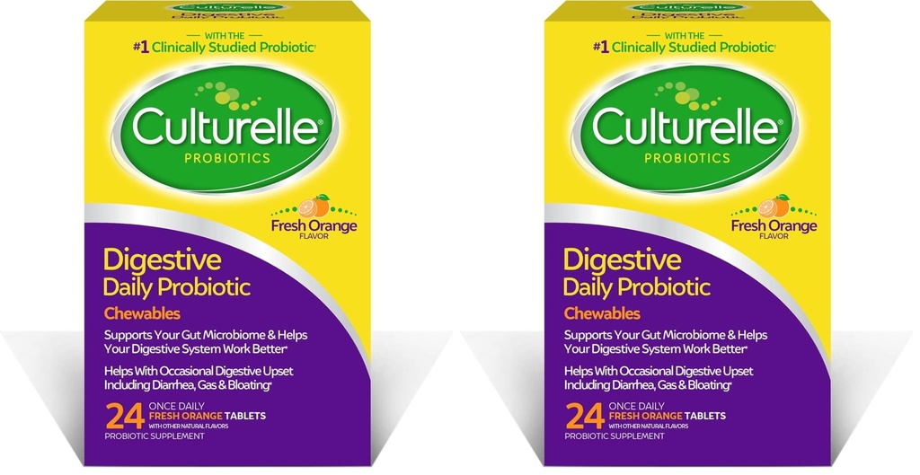 Culturelle Digestive Health Daily Probiotic-Chewables,Probiotic for Men & Women, Most Clinically Stud Probiotic-Strain, 10 מיליארד CFUs, Supports Occasional Diarrhea, Gas,Bloating, 24 Count (Pack of 2)