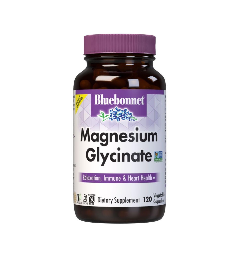 Bluebonnet Nutrition Magnesium Glycinate 400 מ"ג מקסימום Absorption Complex תומך ייצור אנרגיה & Enzyme פונקציונלי - non-GMO, Soy-Free, Gluten-Free - 120 Veggie כמוסות