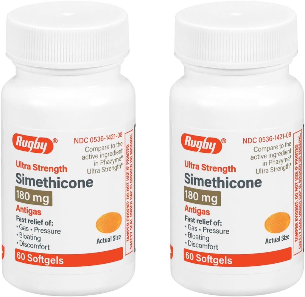 רוגבי Ultra Power Simethicone Gas Relief 180 מ"ג - הקלה מקסימלית של גז למבוגרים - May Help withתסמינים של Flatulence, Bloating, Gas Fullness - 60 Softgels (2 Pack)