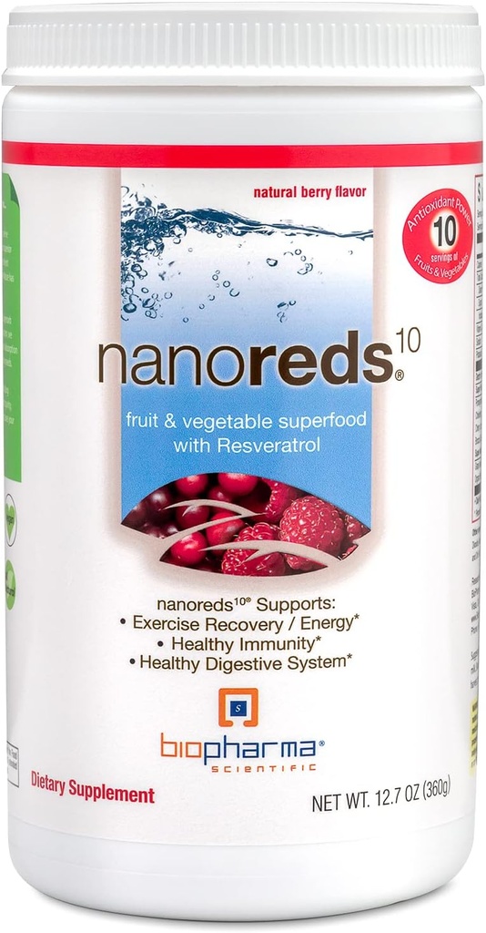 Biopharma Scientific Nanoreds: Reds Superfood Fruit & Vegetable Powder Smoothie Mix for Digestive Health & Immunity with Antioxidants, VitaminC, Elderberry, Pomegranate, Berry Flavor, 30 Servings