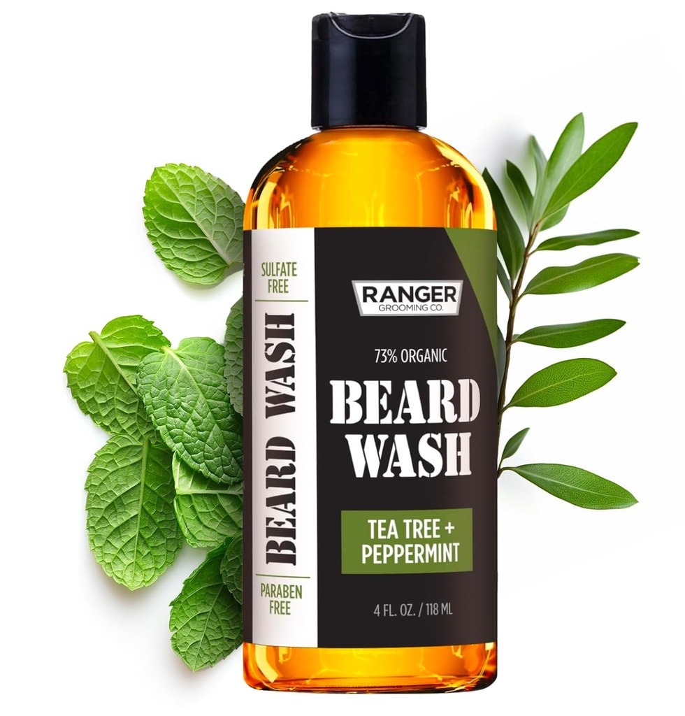 Leven Rose Beard Wash Shampoo על ידי ריינג'ר Grooming Co, Sulfate Free Natural Beard Cleanser & Conditioner for Men, Tea Tree & Peppermint for Growth & Thicking, Paraben Free 4 oz