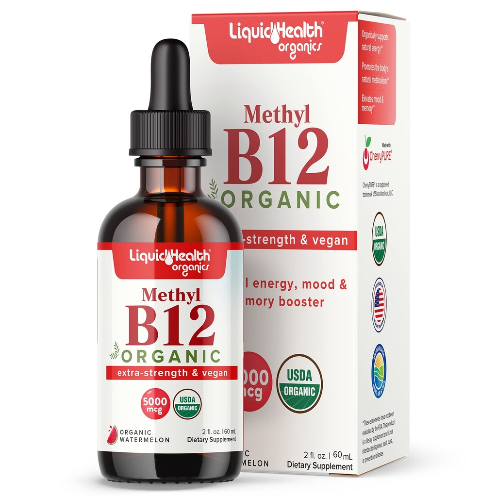 LIQUIDHEALTH USDA Organic Methyl Vitamin B12 Methylcobalamin Liquid Drops with Tart Cherry Juice - Boost Energy, Immune Support, Improve Memory & Concentration - USA Made, Vegan, Non-GMO (2 oz)