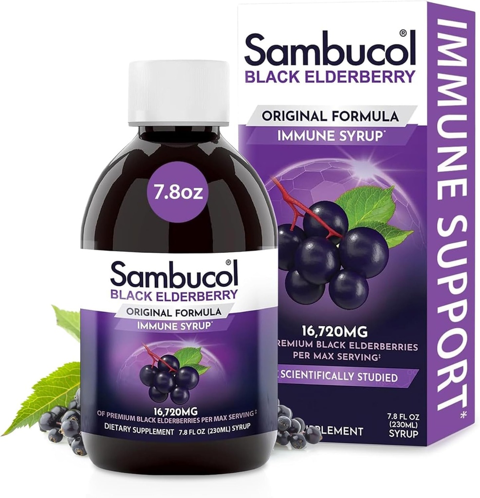 Sambucol Black Elderberry Syrup - Sambucus Elderberry Syrup for Adults Immune Support, Elderberry נוזל, Elderberry Extract, Gluten Free - 7.8 Fl Oz
