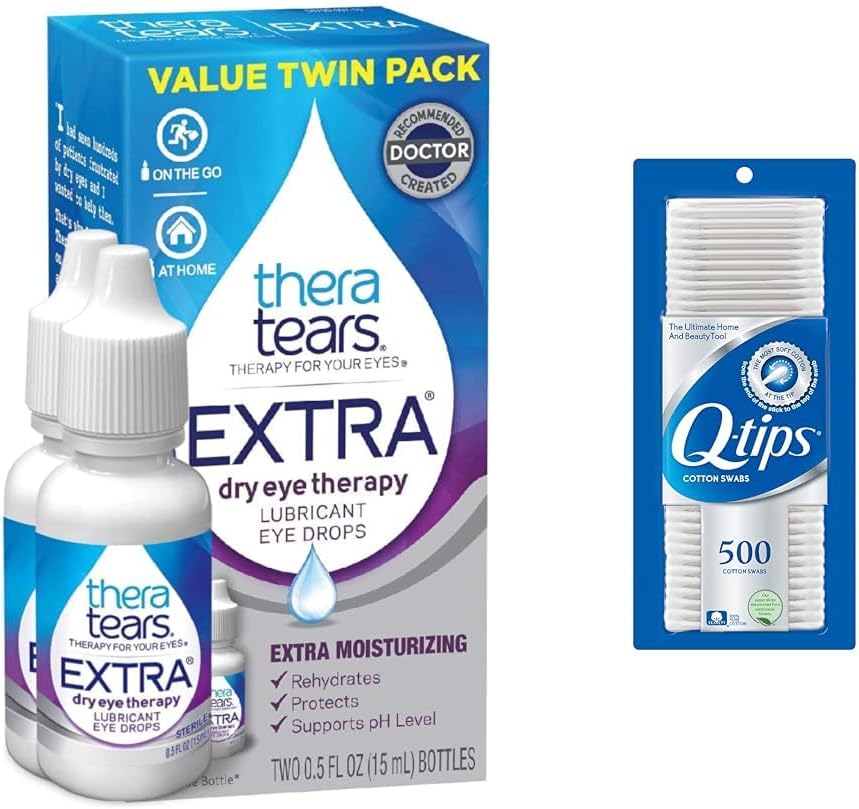 TheraTears תוספת עין יבש טיפות 0.5 fl oz 2 הרוזן עם Q-Tips 100% כותנה Swabs 500 הרוזן