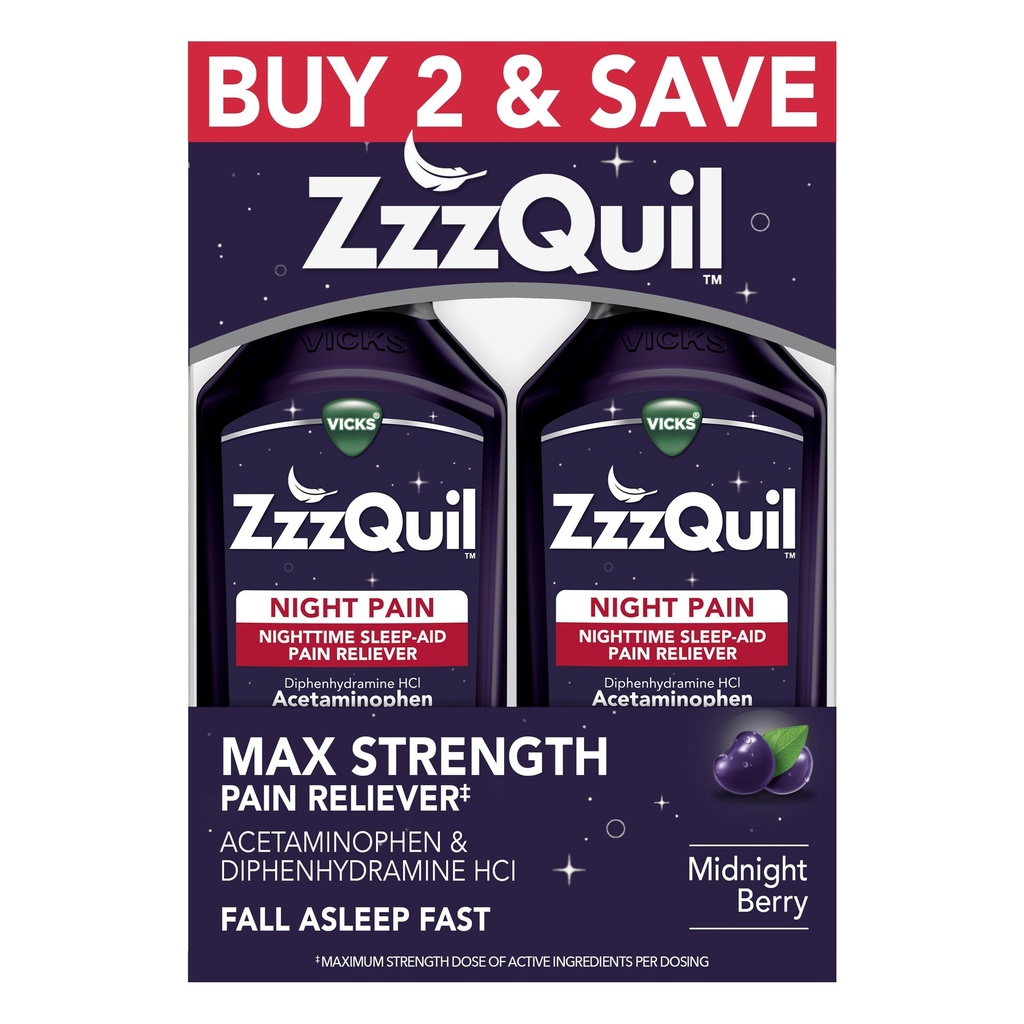 ZzzQuil נוזל, Max Power Pain Reliever, Nighttime Sleep Aid נוזלי, Acetaminophen 1000 מ"ג, Diphenhydramine 50 מ"ג HCI, Non-Habit Forming, Midnight Berry Flavored, 2 Pack, 24 FL OZ OZ
