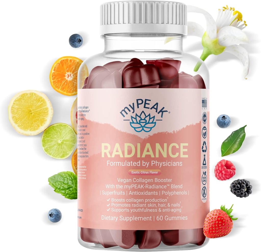MyPEAK Radiance Vegan Collagen Booster ו Superfruit Gummies, תוספי קולג'ן עם Superfruits ו- Skin-Enhancing Foodsents, שיער עור וניק ויטמינים ליופי, 60 מסטיקנים
