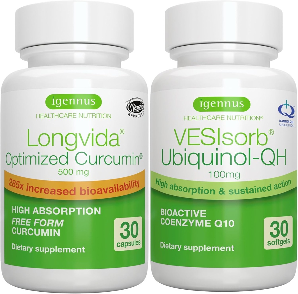 Longvida Curcumin 500 מ"ג + VESIsorb Ubiquinol-QH מתקדם CoQ10 100 מ"ג Bundle, Ultra Bioavailable Curcumin עם Bioavailable & Fast-Acting Ubiquinol, על ידי Igennusss
