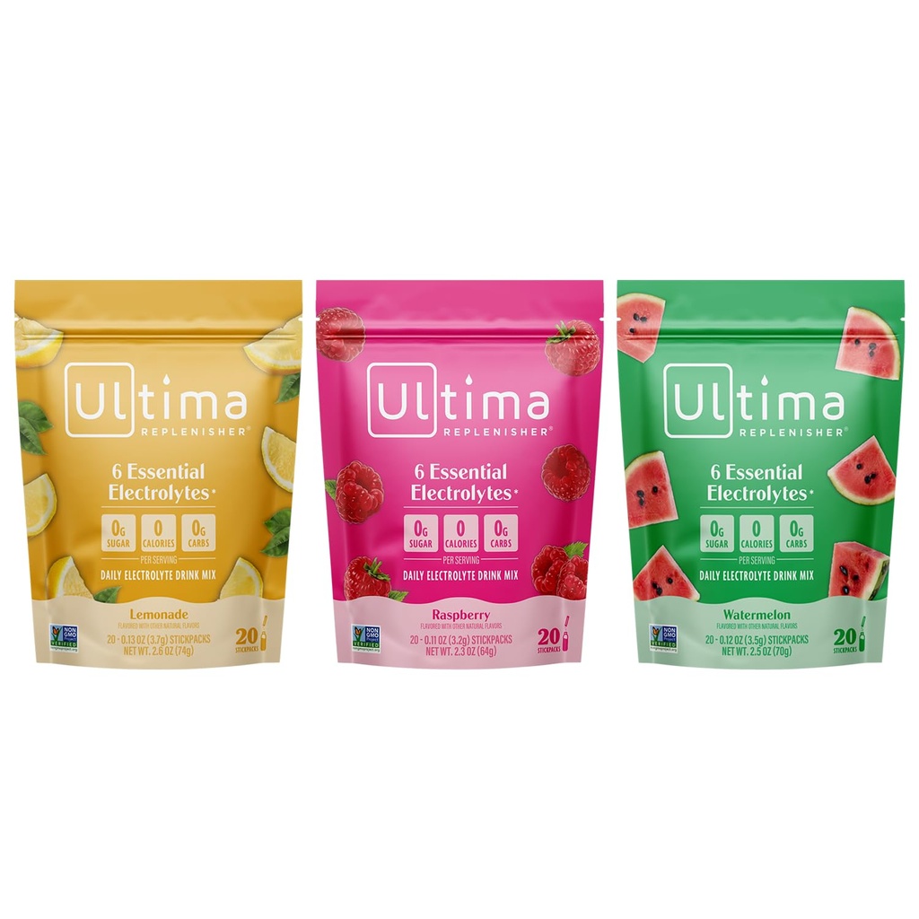 Ultima Replenisher Electrolyte אבקת לשתות Mix Bundle - סוכר חינם - Lemonade ו Raspberry ו Watermelon, 20 Stickpacks - 6 אלקטרוליטים ומינרלים - Keto Friendly, טבעוני, non-GMO