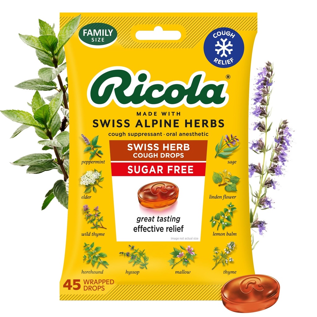 Ricola Sugar Free Swiss Herb Cough Drops, 45 Count, Cough Suppressant & גרון Relieving טיפות עם מקור טבעי Menthol, Pling Taste for Coughs & גרון Irritation Symptom Relief