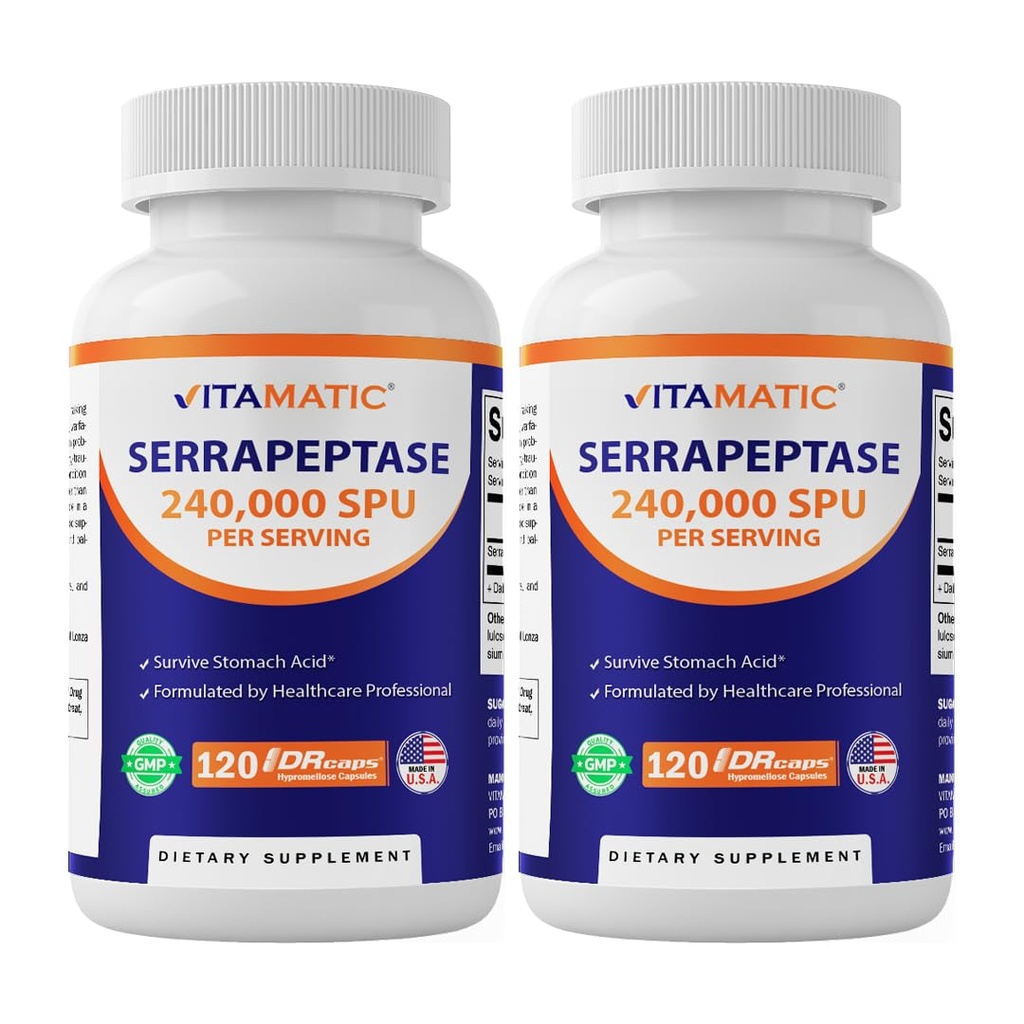 Vitamatic Serrapeptase 240,000 משרתי SPU, 120 קפסולות משוחררות - Enteric Coated - Non-GMO-מיוצר בארה"ב (120 Count)