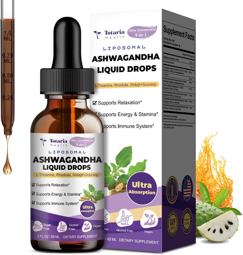 Totaria Liposomal Ashwagandha נוזל טיפות, Ultra Power Ashwa שורש תוספת עם Shilajit, גינזנג, מגנזיום, Soursop, L-theanine, 60 מ"ל
