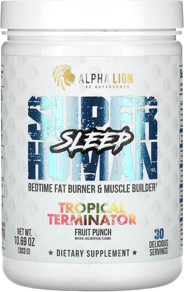 ALPHA LION Superhuman Sleep Supplement, Night Time Aid, Battery Recovery, שריר בונה & Gainer, משפר את מבנה הגוף (30 משרתים, פירות פונצ'ר)
