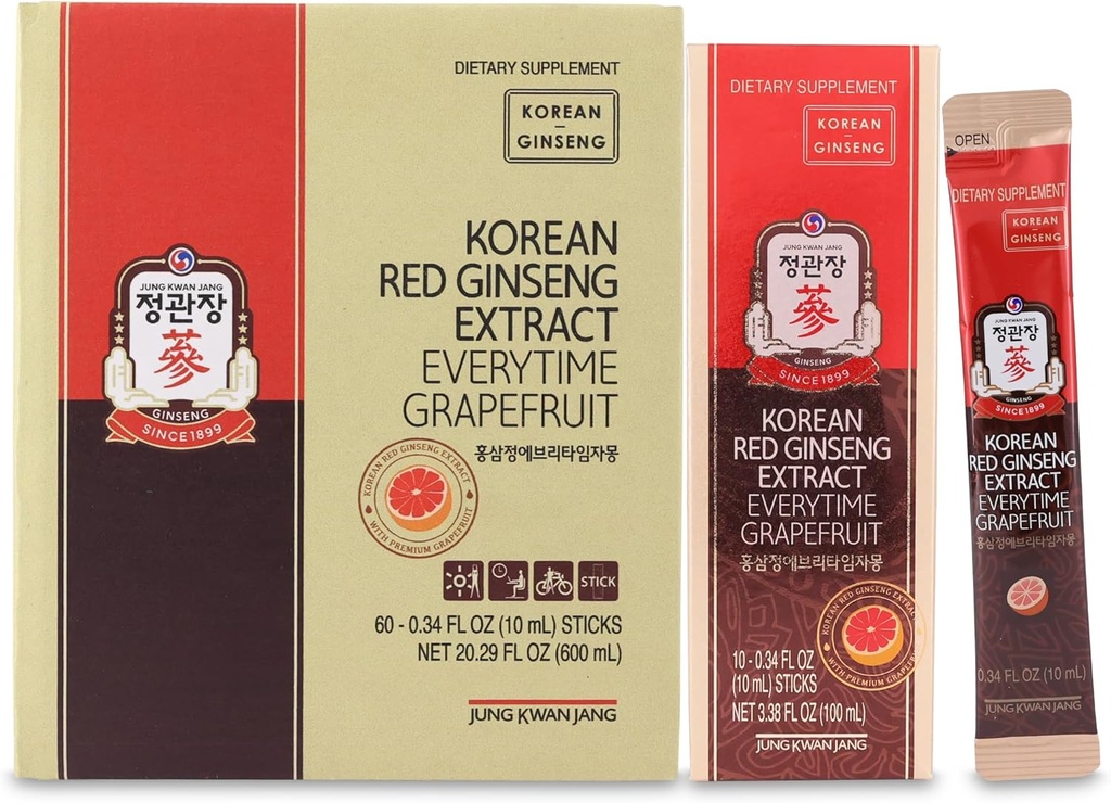 JUNG KWAN JANG קוריאני Red גינזנג לחלץ כל פעם Grapeפרי 1000 מ"ג | ג'ינסנג תוספת, תוספת Enegy, מזון קוריאני | קפאין חינם, Gluten Free, Boost Energy, Antioxidant | 60 הרוזן
