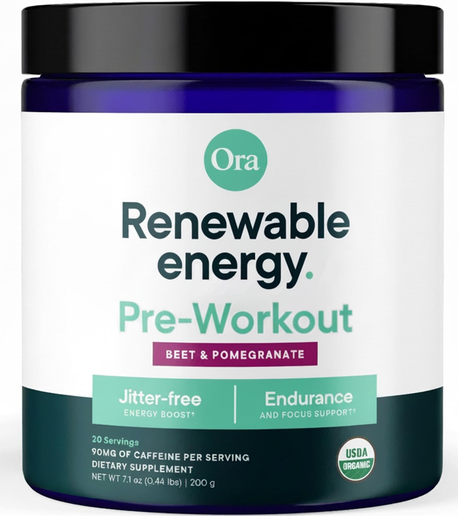 Ora Organic Pre Workout אבקת עבור גברים ונשים ברי ביאט פלאמור אורגני מוסמך, Soy-Free, ללא חלב, Gluten-Free Energy Boost for Women & Men, 20 משרתים