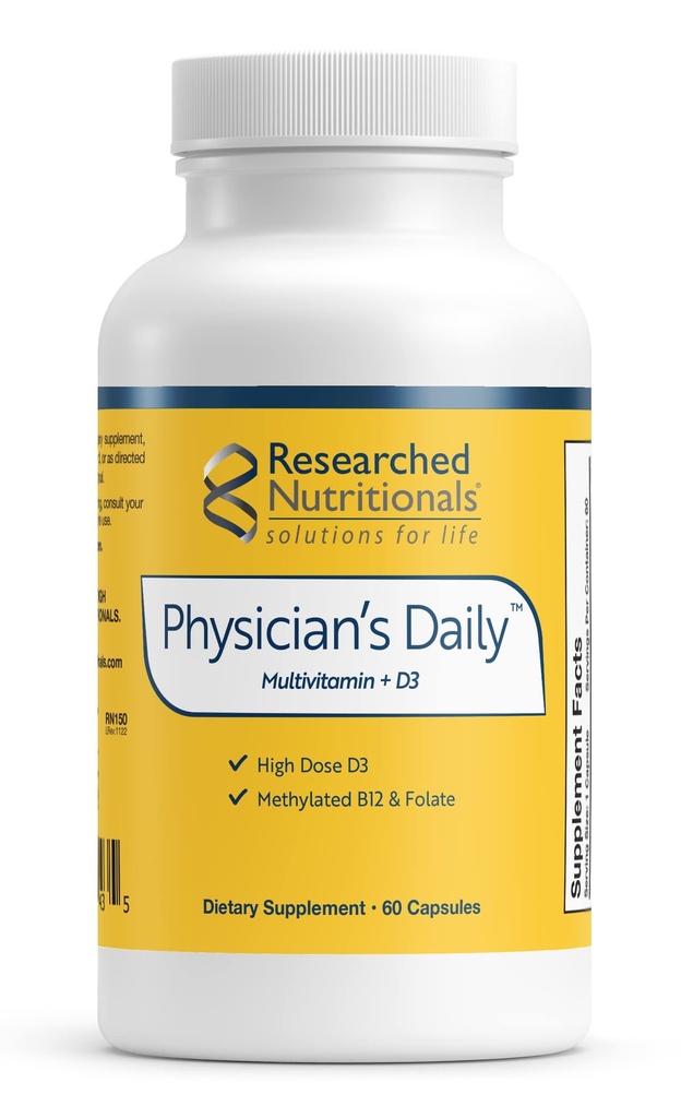 דיאטות מחקר Physician's Daily + D3 תוסף - Daily Multivitamin עבור גברים ונשים עם ויטמין D3 2000o, ויטמין B12, ויטמין B6 + Methylated Folate (60 קפסולות)