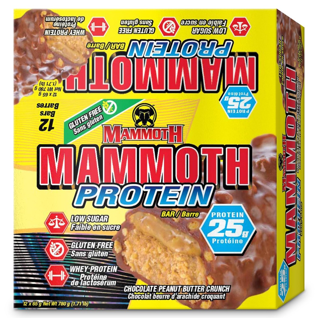 MAMMOTH חלבון Bar, Chocolate Peanut Butter Crunch, 25g חלבון, סוכר נמוך, נמוך פחמימות, Gluten חינם, 12 x 65g (12 Count) (Choate Peanut Butter Crunch) (12 Count, Chocolate Peanut Butter Crunch)