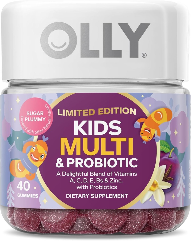 OLLY Kids Multivitamin & Probiotic, מהדורה מוגבלת, תמיכה תזונתית, ויטמינים A, D, C, E, B, Zinc, Chewable Supplement, Sugar Plummy - 40ct