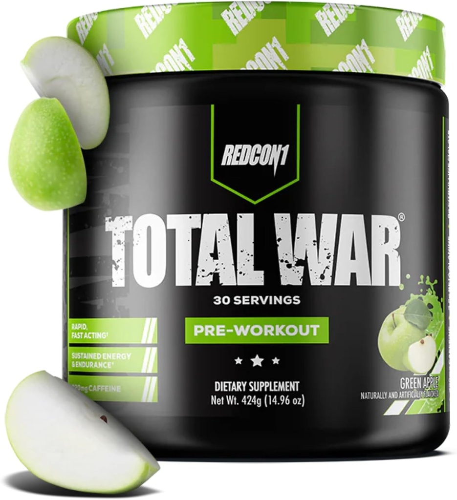 REDCON1 Total War Pre Workout, Green Apple - Fast Acting Caffeinated Preworkout עבור גברים + נשים עם Beta Alanine - מכיל Citrulline Malate עבור משאבה מוגברת, זרימת דם (30 משרתים)