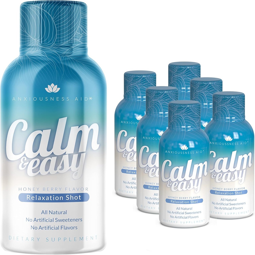 Calm & Easy - Natural Stress Relief Shot, KSM-66 Ashwagandha, Suntheanine L Theanine, Calming Fitogen Drink, הירגעות, פוקוס ו- Mood | 2 oz נוזל בקבוק (6 Pack)