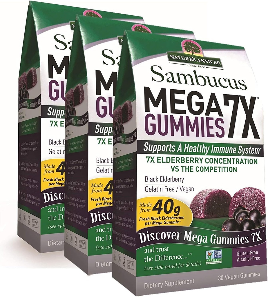 תשובתו של הטבע Sambucus Mega Gummies | 7X More Elderberry Concentration | אלכוהול חינם, Gluten-Free, Gelatin-Free, Vegan, non-GMO & No Preservatives | 30ctmies (Pack of 3)