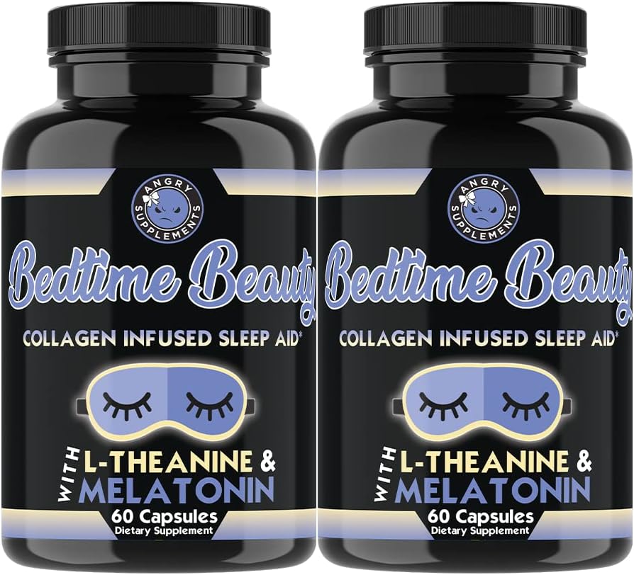 Bedtime Beauty, Collagen Infused Night Time Sleep Aid, All Natural Pills with L-theanine, Melatonin, Magnesium & Hyaluronic Acid על ידי תוספי Angrys (2-Bottles)