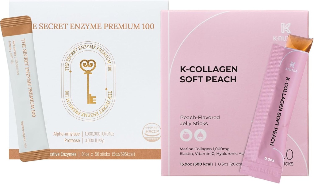 The Secret Enzyme Premium 100 (50 מקלות) & K-Collegen Soft Peach Collagen Jelly (30 מקלות) לבריאות העיכול, בריאות העור