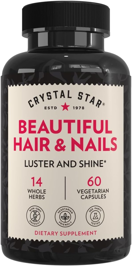 Crystal Star Beautiful Hair & Nail Supplement (60 קפסולות) - תוספת צמחית תומכת ב- Thicker Stronger Hair & Nails - Horsetail, Nettle & alphalfa - Non-GMO