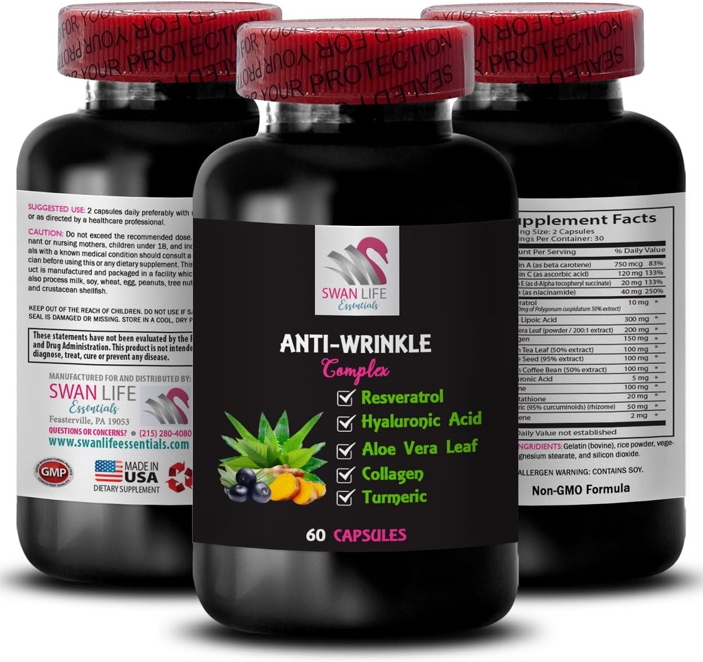 Alpha Lipoic Acid Support - ANTI-WINKLE COMPLEX - Aloe Vera Leaf הטבות, Collagen Boost, Green Tea Leaf, Grape Seed Power, Green Coffee Bean הטבות, Hyaluronic Acid 1 בקבוק 60 Caps