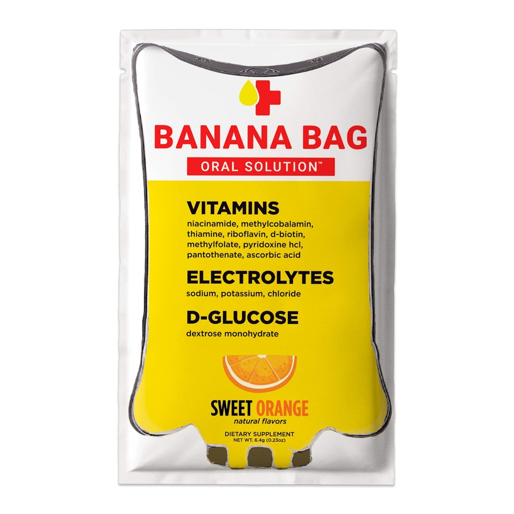 בננות Bag Oral Solution Recovery Packets - Sweet Orange 30pk | תערובת מרעננת של אלקטרוליטים, ויטמין C ו B-Complex for Hydration and Energy. נוח, קל ל-Mix ומושלם לכל סגנון חיים.