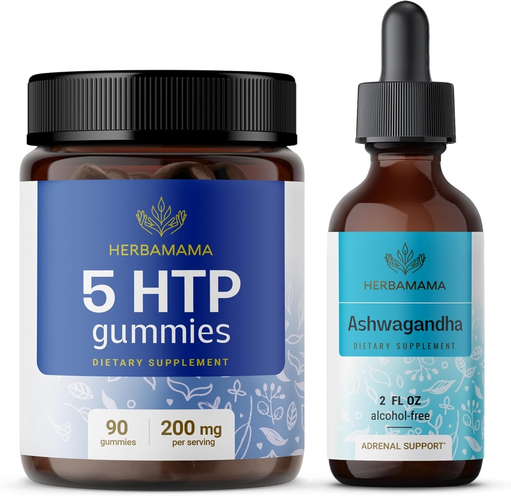 HERBAMAMA 5HTP ו- Ashwagandha Kit - Bundle של 200 מ"ג 5-Hydroxytryptophan חניכיים & Ashwagandha נוזל טיפות 2 oz - טבעוני, non-GMO, אלכוהול & Gelatin-Free - 2 Pack