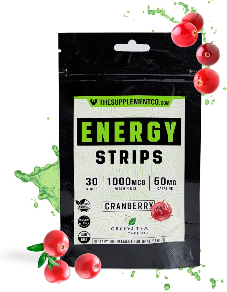 Energy Strips - 50 מ"ג של Caffiene - קולט במהירות 100% כל פורמולה טבעית - Cranberry Flavor - 30 Strips - 30 Strips