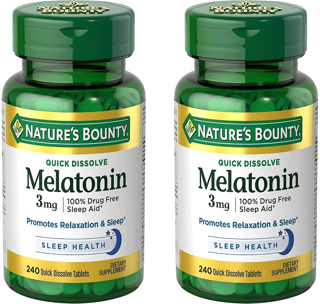 Nature's Bounty Melatonin 3 מ"ג, 100% תרופות חינם לשינה למבוגרים, תמיכה מרגיעה ושינה, תוספת תזונתית, 240 ספירה (Pack of 2)