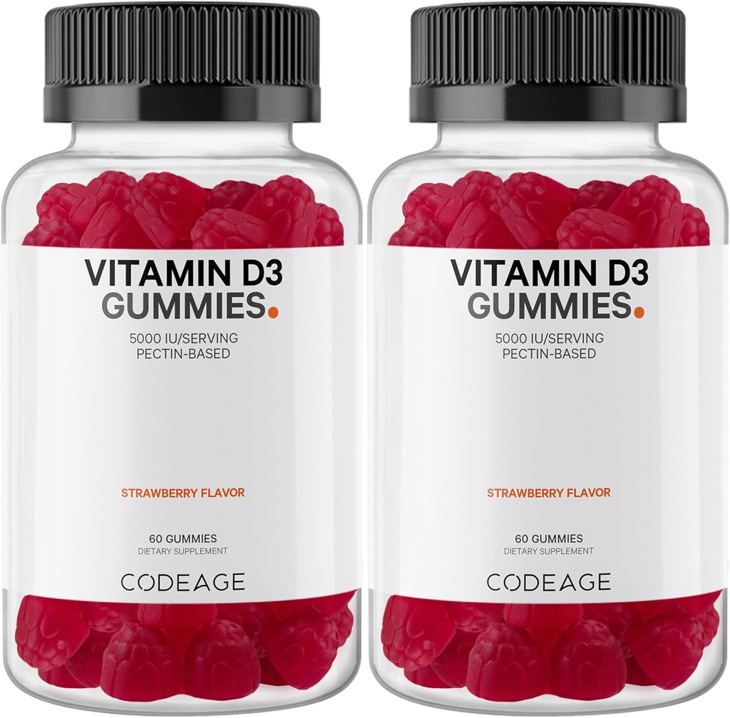 ויטמין D3 Gummy ויטמינים, ויטמין D3 5000 IU מסטיקמי צ'ולקלציפרל 125 mcg, Soft Pectin- Based, Animal Gelatin-Free Gummy, Gummies ויטמינים, Tasty Strawberry, non-GMO - 2Packq