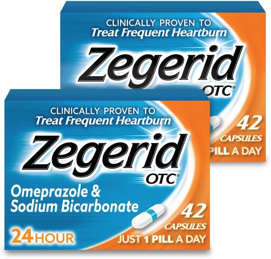 Zegerid OTC, Omeprazole Plus Sodium Bicarbonate, 24 Hour, Proton Pump Inhibitor (PPI), Heartburn Medicine, Acid מופחתr, 42 קרטונים