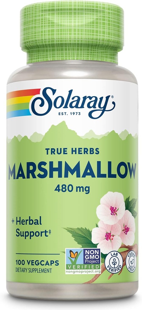 SOLAרי Marshmallow Root קפסולות 480 מ"ג - Soothing Herbal Support w / Whole Marshmallow Root - High in Mucilage Soluble סיבים, טבעוני, non-GMO, מעבדה מאומתת, 60 ימים להבטיח, 100 משרתים, 100 VegCaps, 100 VegCaps