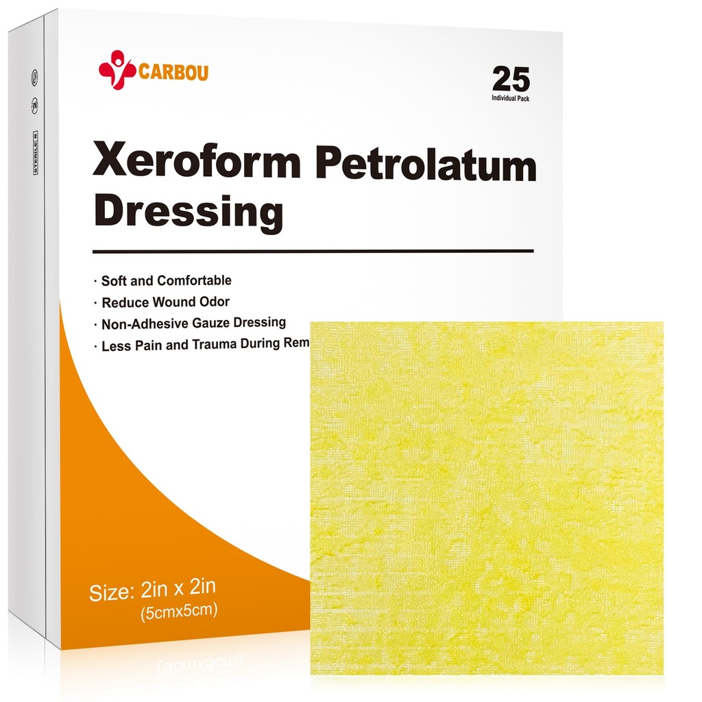 Carbou Medical Xeroform Petrolatum Dressing 2 "x2", 25 Individual Pack, Non-Adherent Gauze Pads, Soft Fine Mesh Gauze Patch עבור Wound Care, Burns, Lacerations, Skin Grafts & Surgical Incisions