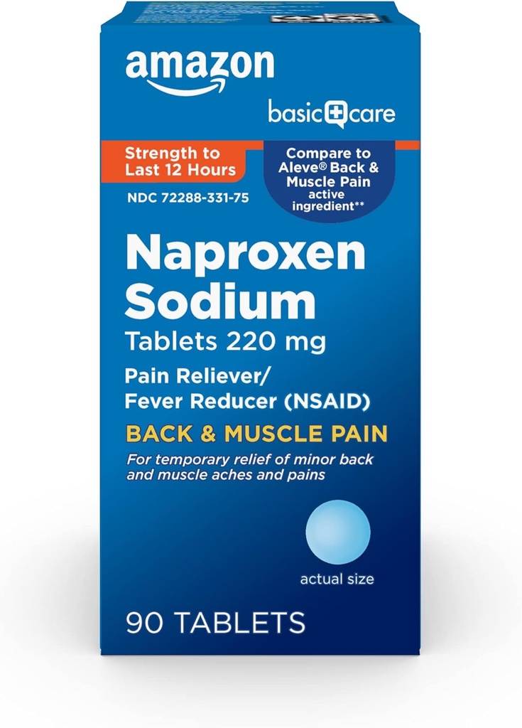 כאבי גב ושרירים בסיסיים, 220 מ"ג, 12-Hour Pain Relief, Nproxen Sodium Tablets, Pain Reliever ו- Fever מופחת, 90 Count
