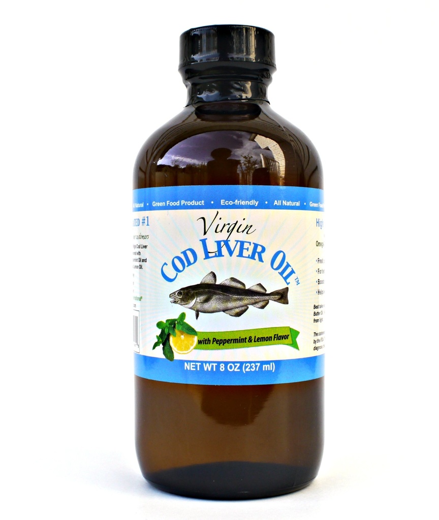 Virgin Cod Liver Oil - 8 Fl oz Natural, Sustainably מקורed, Wild Catch & Fresh Tasting. גבוה בוויטמין D, אומגה 3 DHA / EPA (Lemon and Peppermint Flavored)