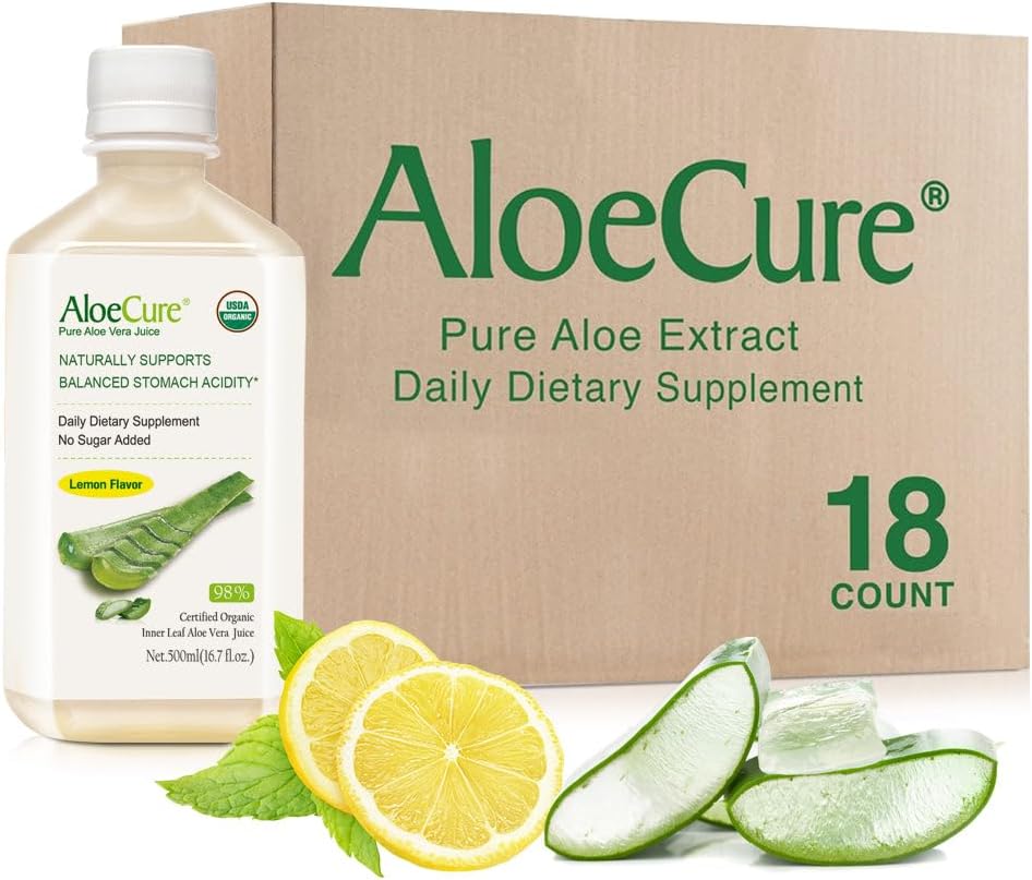 AloeCure USDA אורגני Aloe Vera Juice Flavor - Made תוך 12 שעות של קציר - תוספת טבעית עבור איזון Stomach Acidity - תמיכה העיכול ובריאות החיסון, 18 Btls x 16.7