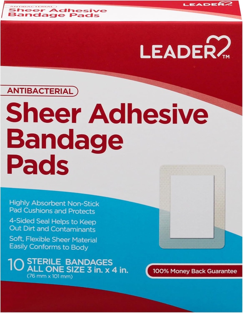 LEADER Sheer Adhesive Bandage Pads, Packs ofBlends with Skin, Highly Absorbent Non-Stick Pad, for First help and Wound Care, לעומת Band-Aid, All One Size 3/4 X 4, 100 ct.