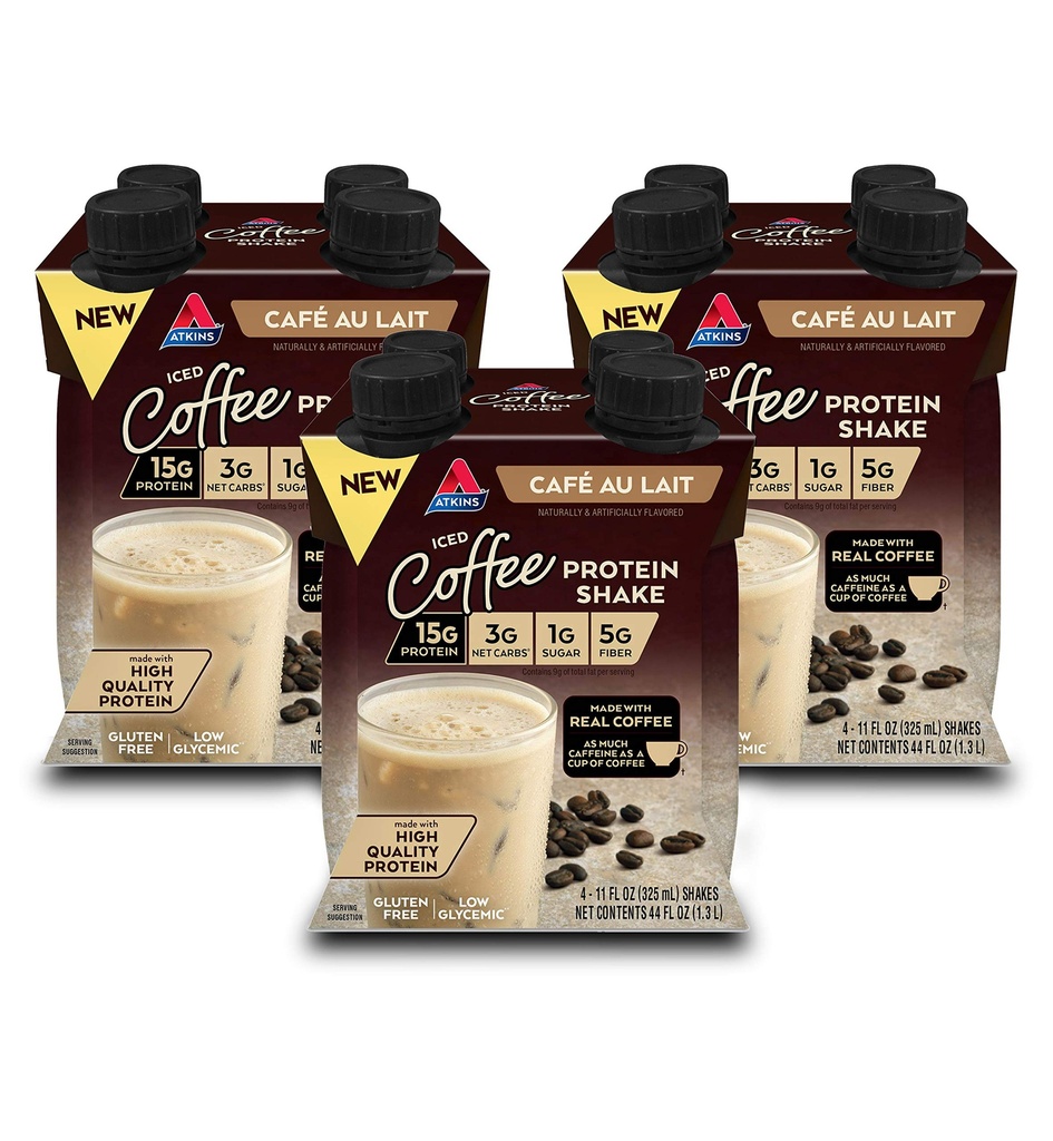 Atkins קפה Au Lait Iced קפה פלח חלבון שקד, גבוה חלבון שקד, סוכר נמוך, פחמימות נמוכות וסוכר נמוך, Keto Friendly, Gluten Free, 12 Count