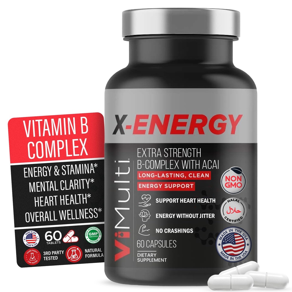 X-Energy תוספת כוח B מורכב עם Caffeine & ויטמין B12 - תמיכה באנרגיה עם B1, B3 Niacin, B6, Folic Acid, Biotin, B5, טאורין, גיינסנג, Rhodiola, Maca, Acai & Spirulina - 60 קפסולות