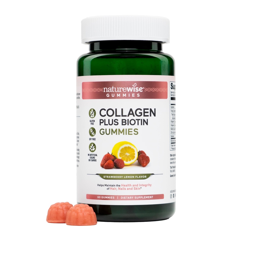 NatureWise Collagen Gummies - hydrolyzed Collagen Gummies - סוג 1 ו 3 פפטים עבור נשים + ביוטין, ויטמין C, E, & Zinc for Hair Skin and Nails Support - 60 Count[1-01h אספקת]