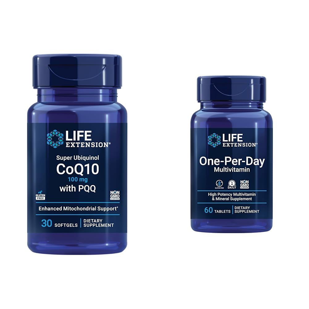 Life Extension Super Ubiquinol CoQ10 עם PQQQ, CoQ10, PQQQ, shilajit, Heart Health & One-Per-Day Multivitamin - ארוז עם מעל 25 ויטמינים, מינרלים ופלטי צמחים