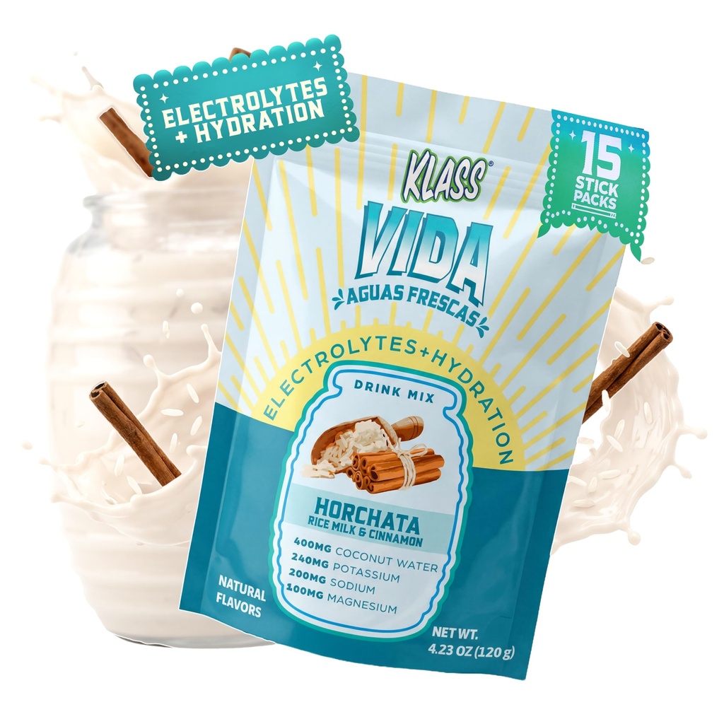 KLASS VIDA Electrolyte Drink Mix - Horchata Agua Fresca Flavor | אבקת hydrtion ללא סוכר עם קוקוס מים ומינרלים | 15 Single- Serve Sticke Packs in Resealable Pouch, Low Calorie