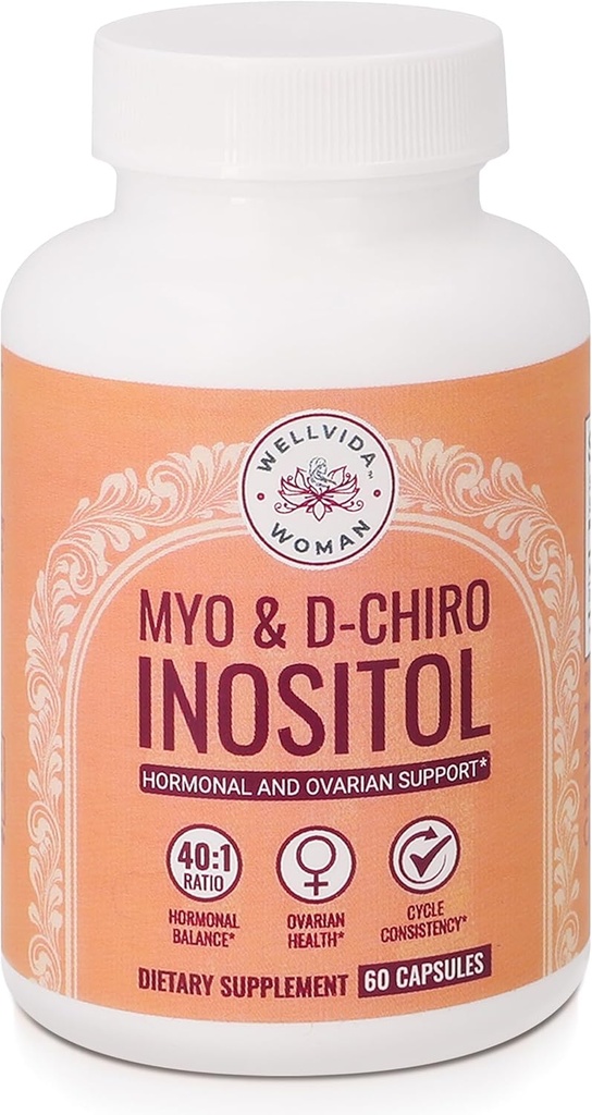 Myo-Inositol & D-Chiro Inositol תוספת בקבוק (60 קפסולות) 40:1 Ratio קפסולת עבור Ovarian תמיכה Myo-Inositol 1000mg & D-Chiro 25mg Inositol כמוסות w / Caronositol - Daily Inositol לנשים