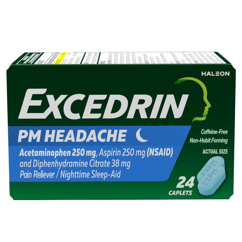 Excedrin PM for Headache Relief, Acetaminophen 250mg, Aspirin 250mg, Diphenhydramine Citrate 38mg, Pain Reliever, Nighttime Sleep-Aid, 24 Count