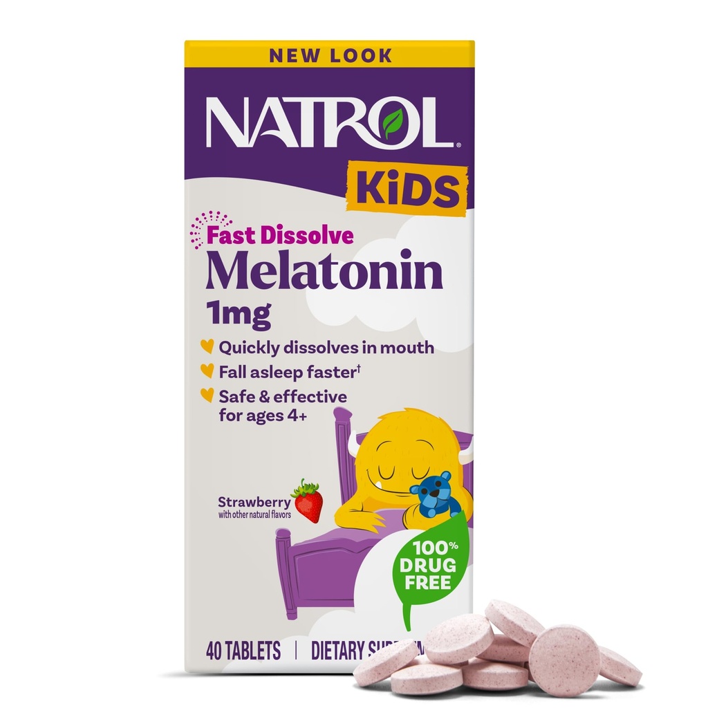נטלו ילדים במהירות dissolve Melatonin 1 מ"ג, תוספת תזונתית לשינה שקטה, טבליות שינה לילדים, 40 טבליות Strawberry-Flavored Melatonin, 40 יום אספקה