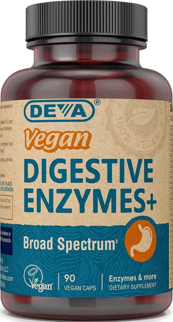 Deva Vegan ויטמיניםs Digests Digestive Enzymes Plus תוסף - תערובת ייחודית של Enzymes & Herbs - 90 קפסולות, 1-Pack